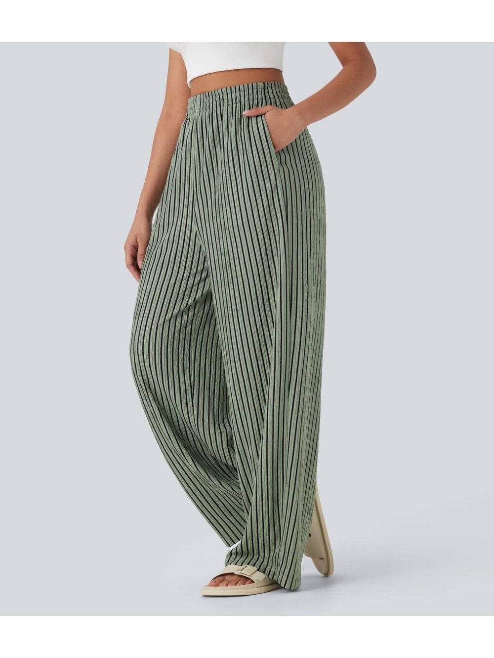 Halara High Waisted Straight Leg Crinkle Casual Pants Green Black Stripes Size M - Picture 6 of 8